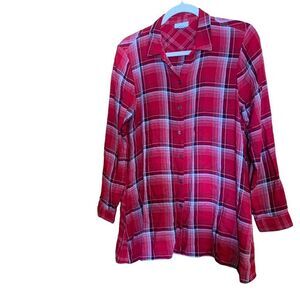 J. Jill Womens Size Small Petite Red Plaid Flannel Button Up Rayon Tunic Top